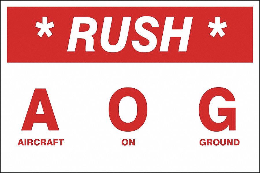 LABELS, RUSH AIRCRAFT ON GROUND, RED AND WHITE, 6 X 4 IN, ADHESIVE COATED PAPER, 250/RL