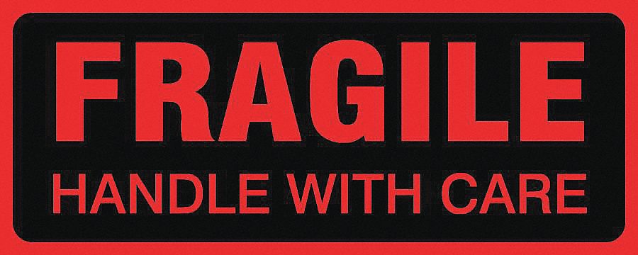 LABELS, FRAGILE HANDLE WITH CARE, RED AND BLACK, 5 X 2 IN, ADHESIVE COATED PAPER, 500/RL