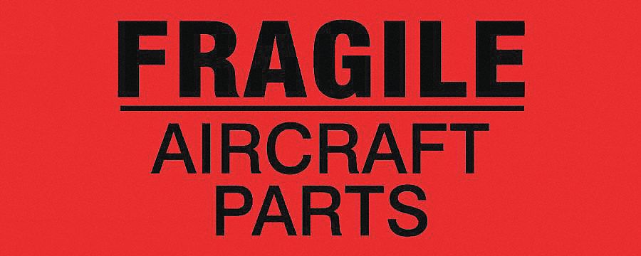 LABELS, FRAGILE AIRCRAFT, RED AND BLACK, 5 X 2 IN, ADHESIVE COATED PAPER, 500/RL