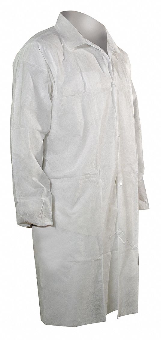 DISPOSABLE LAB COAT, PP, MANDARIN COLLAR, ELASTIC CUFFS, SNAPS, WHITE, 3XL, 25 PK