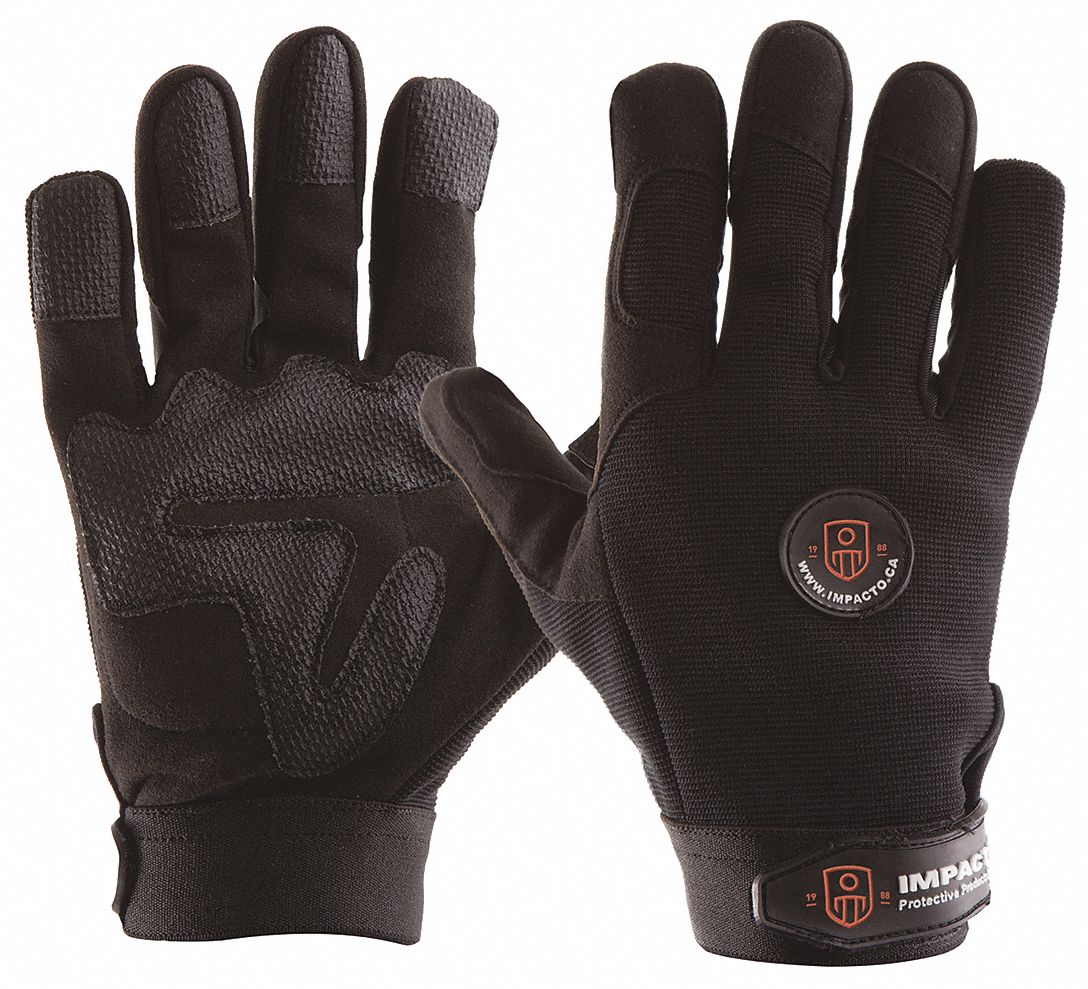 GLOVES, IMPACT RESIST, FULL FINGER, HOOK/LOOP, ELASTIC CUFF, M, BLK, SYNTH SUEDE LEATHER/VISCOLAS
