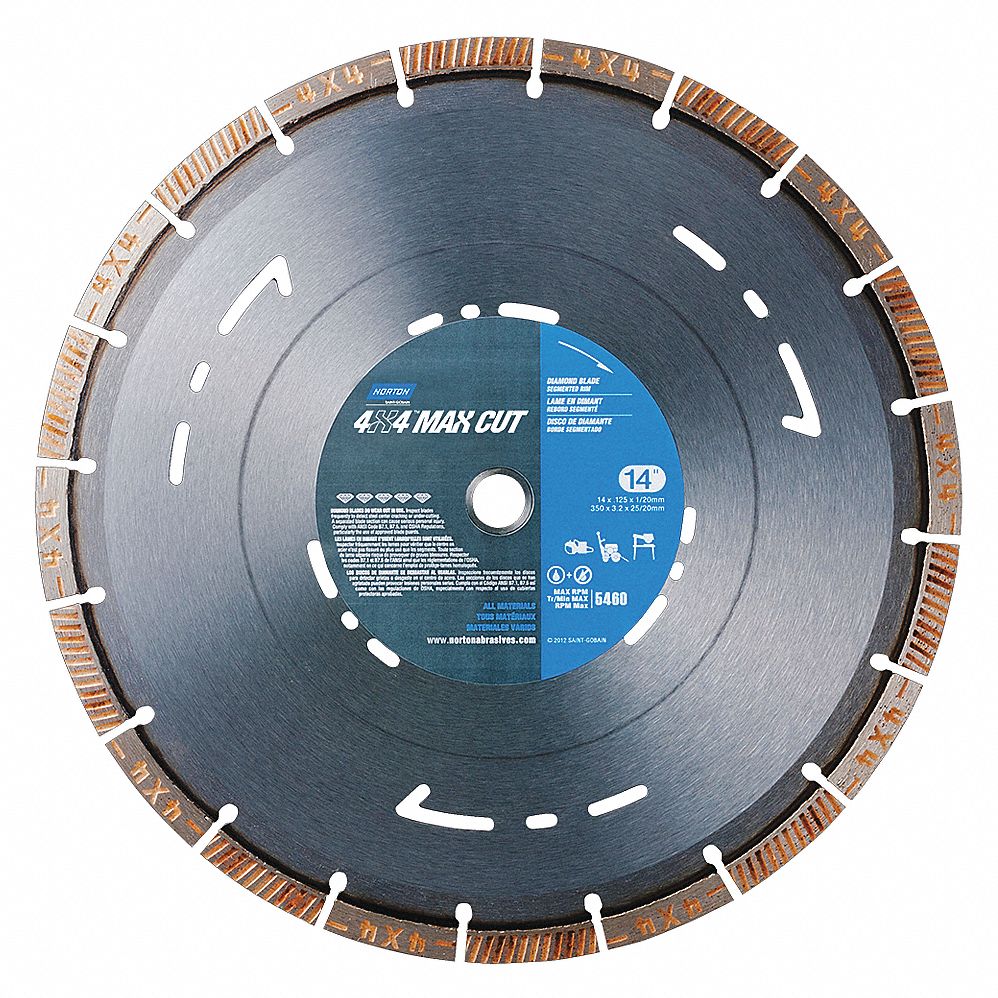 LAME DE SCIE DIAMANT, SEGMENTÉE, 14 PO, 1 PO/20 MM, HUMIDE/SEC, 5 460 TR/MIN, RONDE