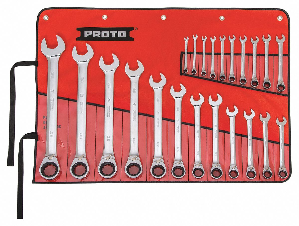 Reversible ratcheting combination store wrench set