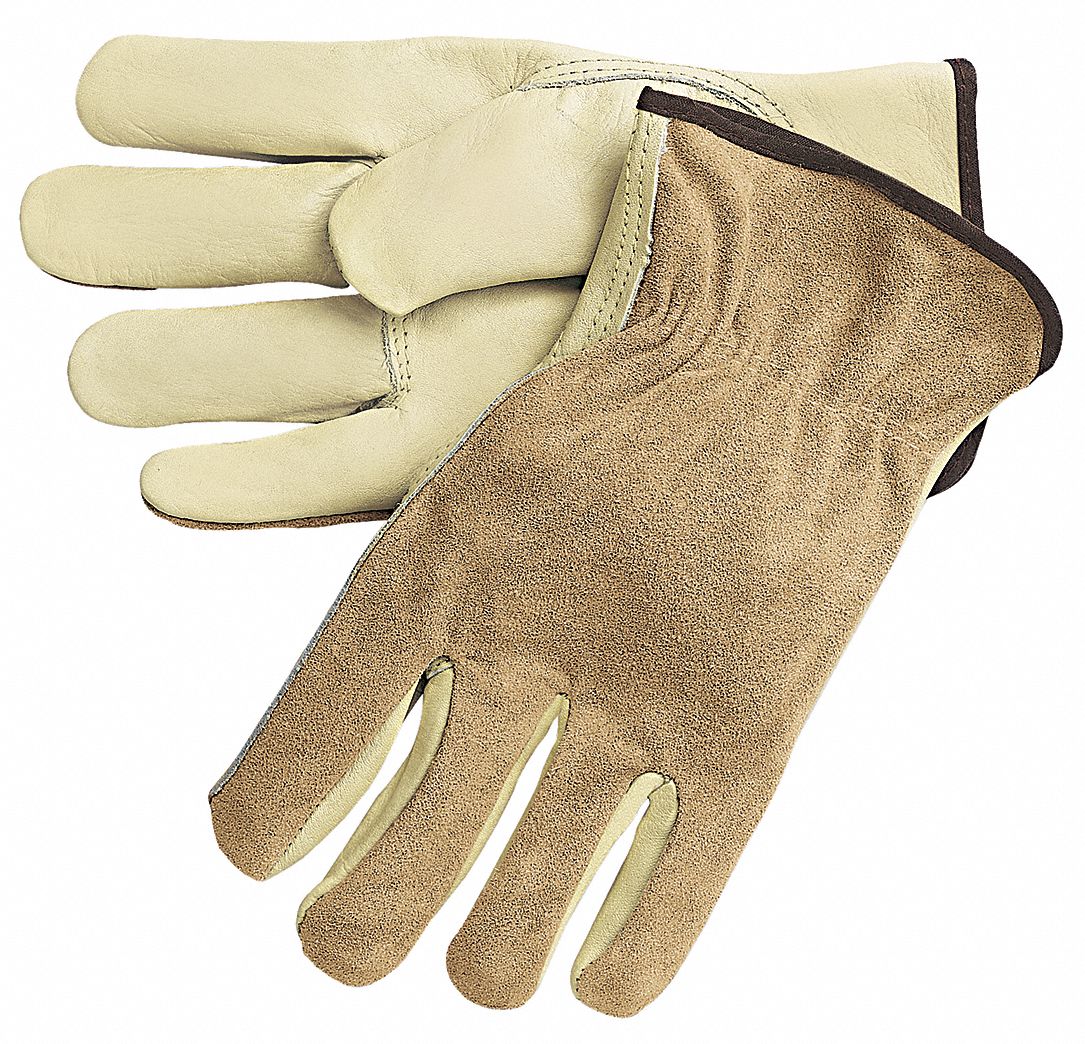 MCR SAFETY Leather Gloves S ( 7 ), Cowhide, Std, Glove, Full Finger, Shirred SlipOn Cuff, 1 PR