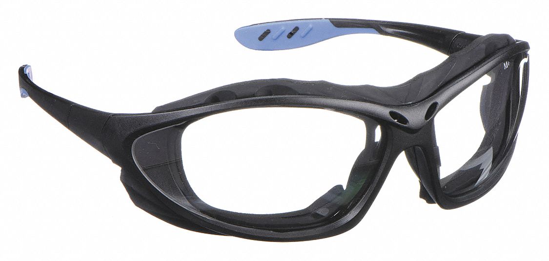 SAFETY GLASSES, FULL-FRAME, WRAPAROUND, PC, ANTI-FOG, BLACK/CLEAR, UV, M, UNISEX