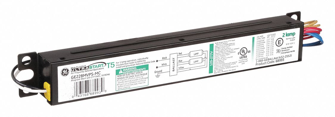 FLUORESCENT BALLAST, T5, 120 TO 277V AC, 1 TO 2 BULBS SUPPORTED, 28 W BULB MAX