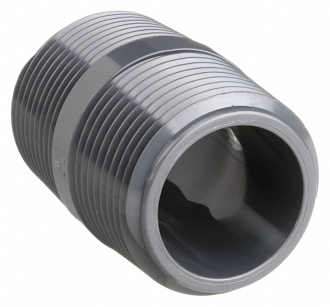 NIPPLE: PVC, 1 IN NOMINAL PIPE SIZE, 2 IN OVERALL LG, BOTH ENDS THREADED, GREY