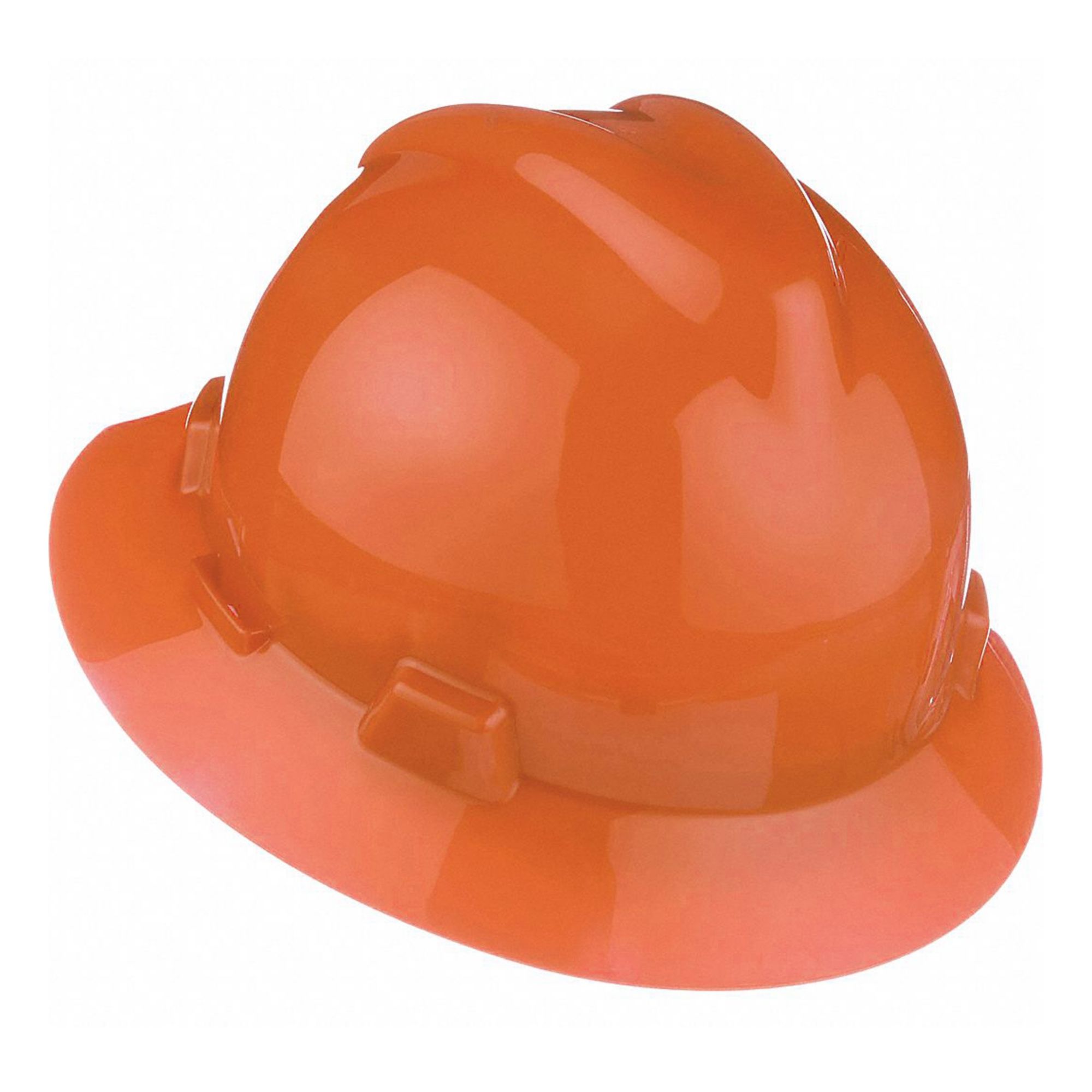 Hard Hat: Orange, No Graphics, Ratchet (4-Point), Pinlock, Polyethylene, Side-Slots, MSA, Solid