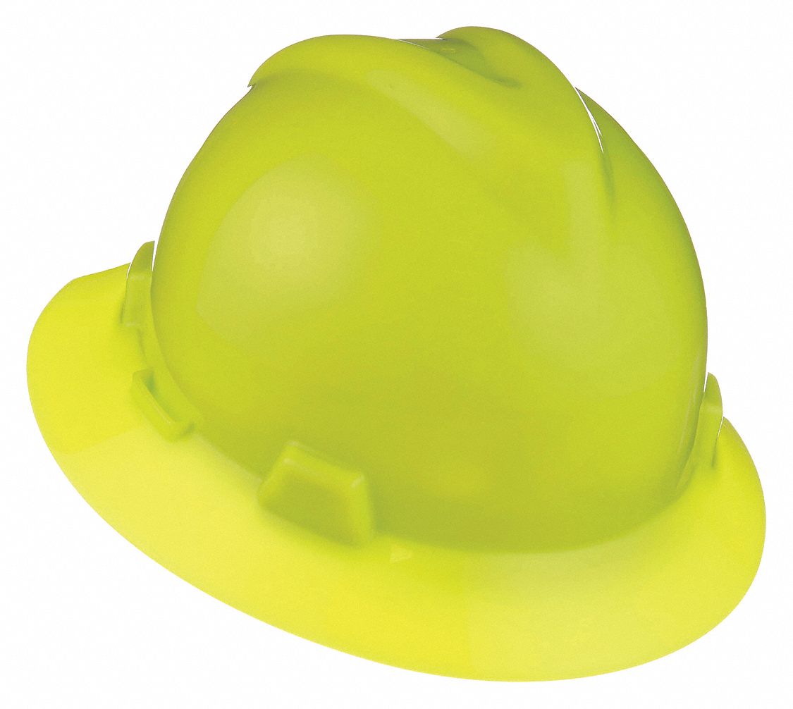 SLOTTED HAT, CSA, TYPE 1, CLASS E, PE, 4-PT FAS-TRAC III RATCHET, FULL BRIM, HI-VIS YLW GRN