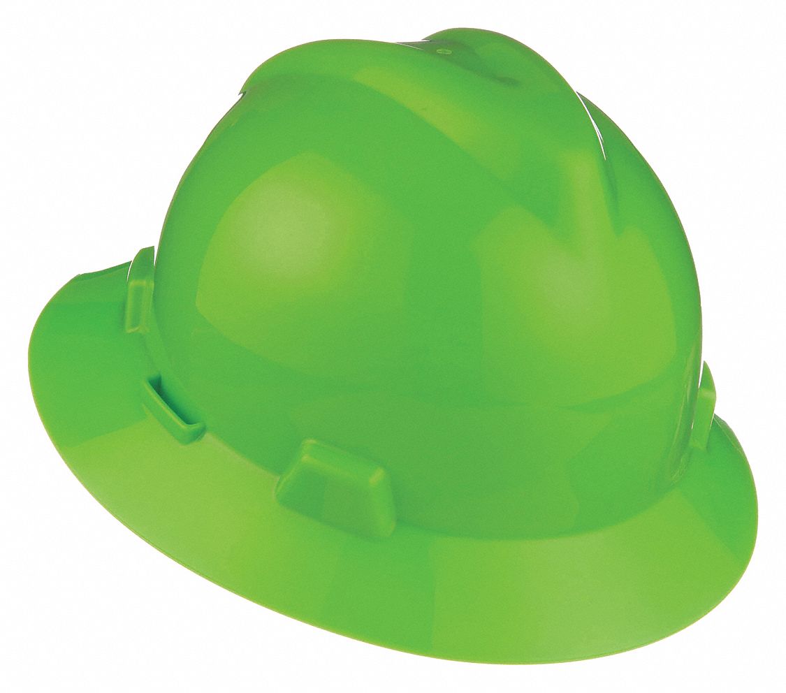 SLOTTED HAT, CSA, TYPE 1, CLASS E, PE, 4-PT FAS-TRAC III RATCHET, FULL BRIM, BRIGHT LIME GRN