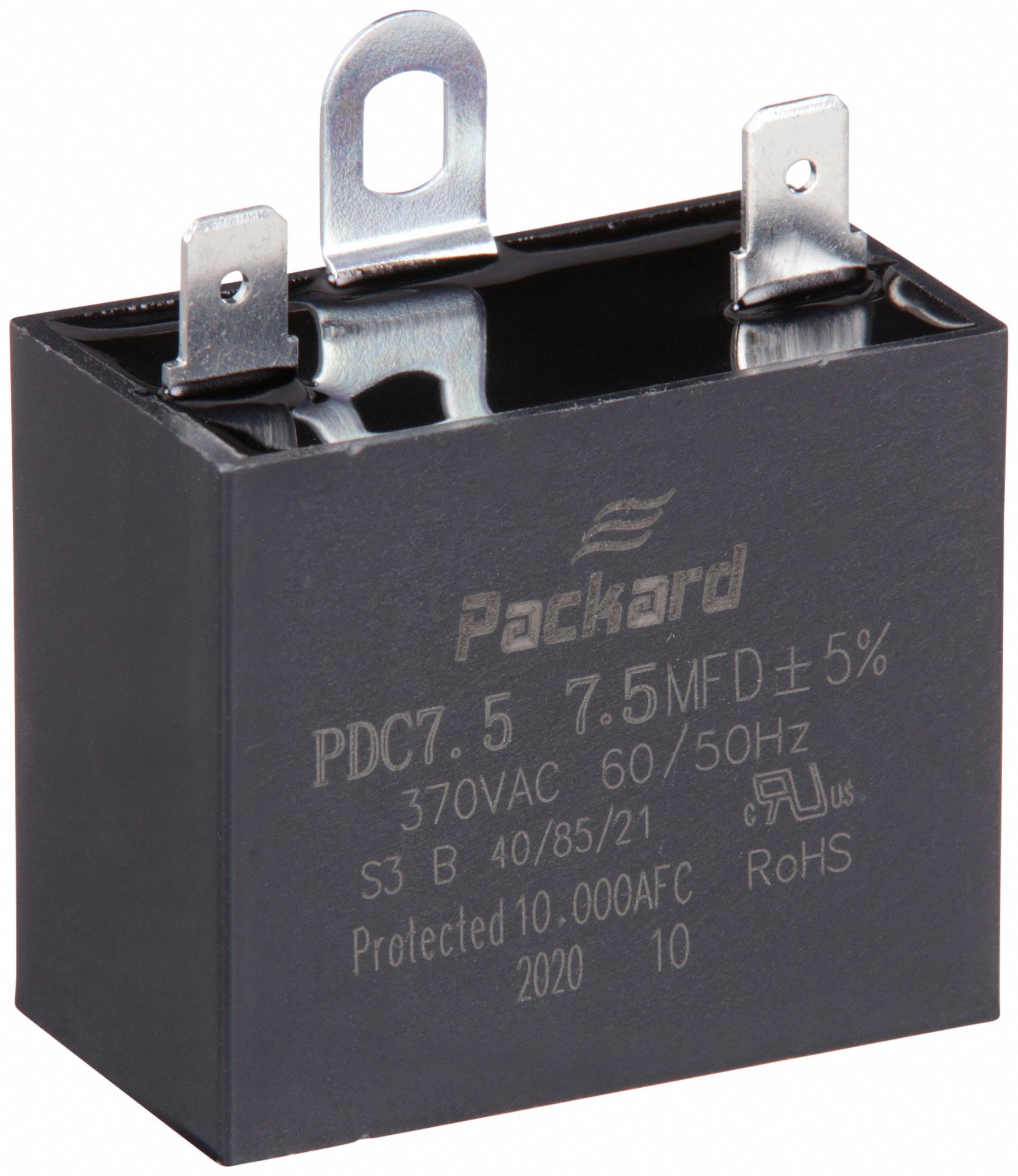 MOTOR RUN CAPACITOR, 7.5 MFD, 2 IN H, 370 V AC