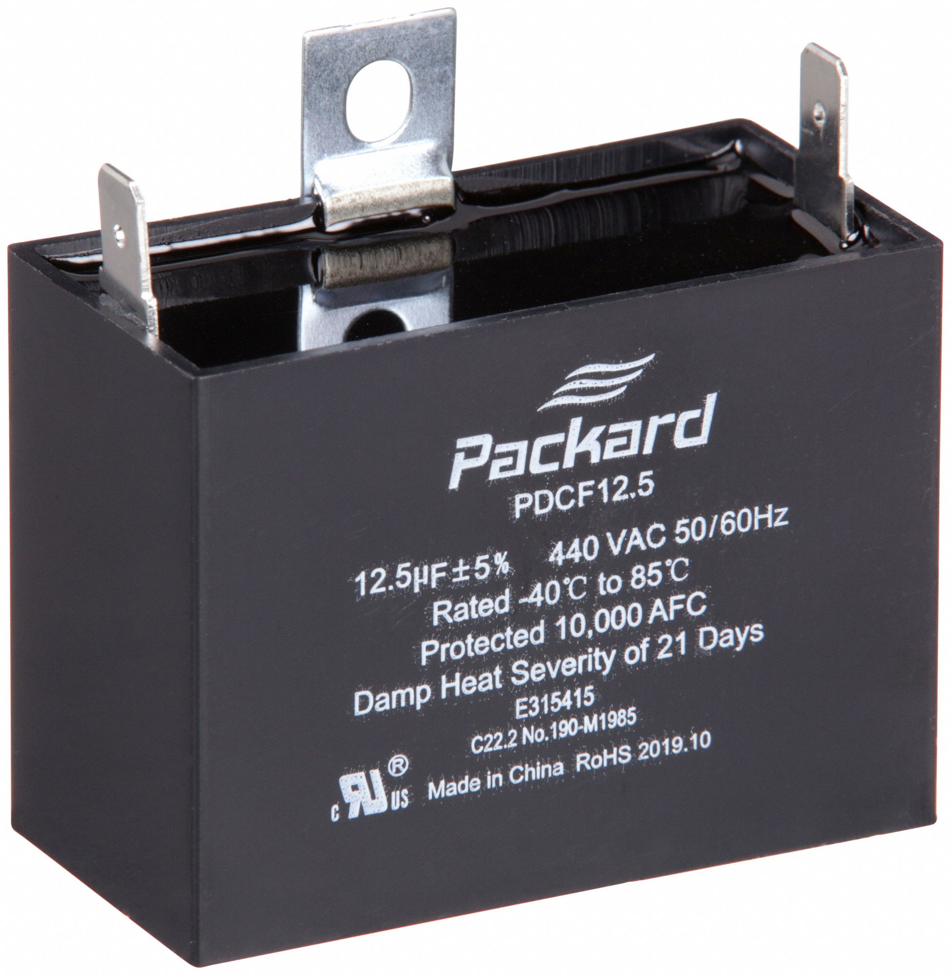 Motor Run Capacitor: Rectangle, 440V AC, 12.5 MFD, 2 1/4 in Overall Ht, -40°C Op Temp - Min