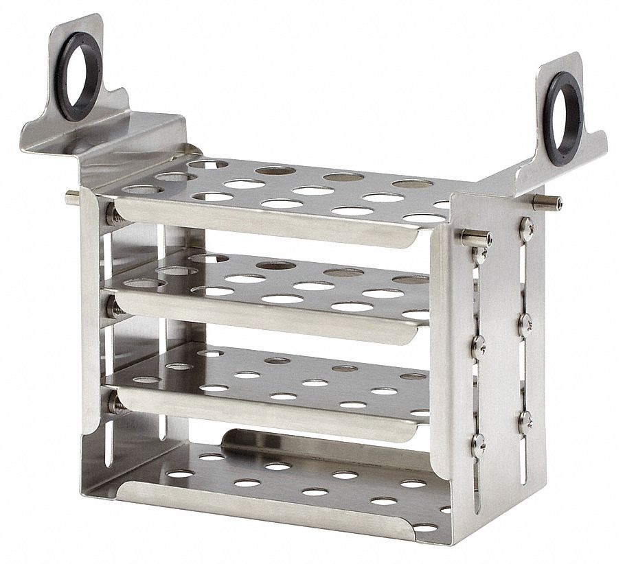 Tube Rack: 3 in Overall Wd, 4 1/2 in Overall Ht, 7 in Overall Lg, Stainless Steel, Silver