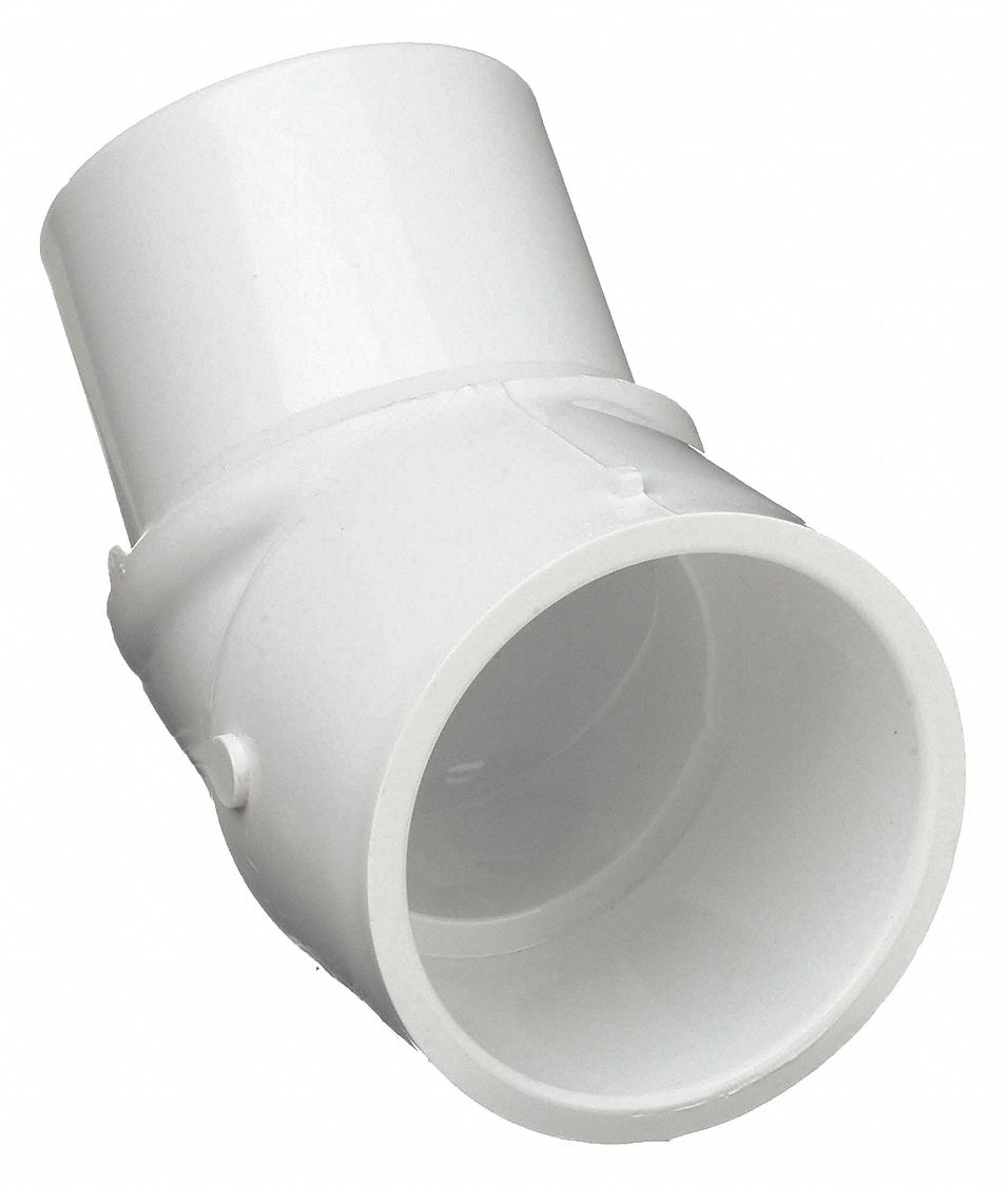 Pipe Elbow: 45° Elbow, Schedule 40, PVC, 2 1/2 in x 2 1/2 in Size, Spigot x Socket, Male x Female