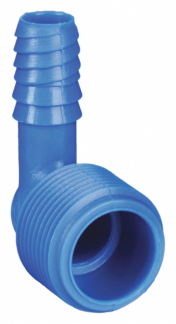 Barbed Fitting Elbow: 1/2 in Pipe x 1/2 in ID Size, MNPT x Barbed, Acetal