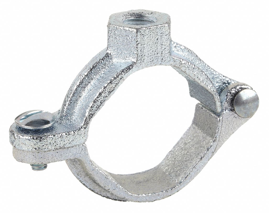 SPLIT-RING HANGER: SWIVEL LOOP, ELECTRO-GALVANIZED IRON, FOR ½ IN PIPE, 180 LB CAPACITY