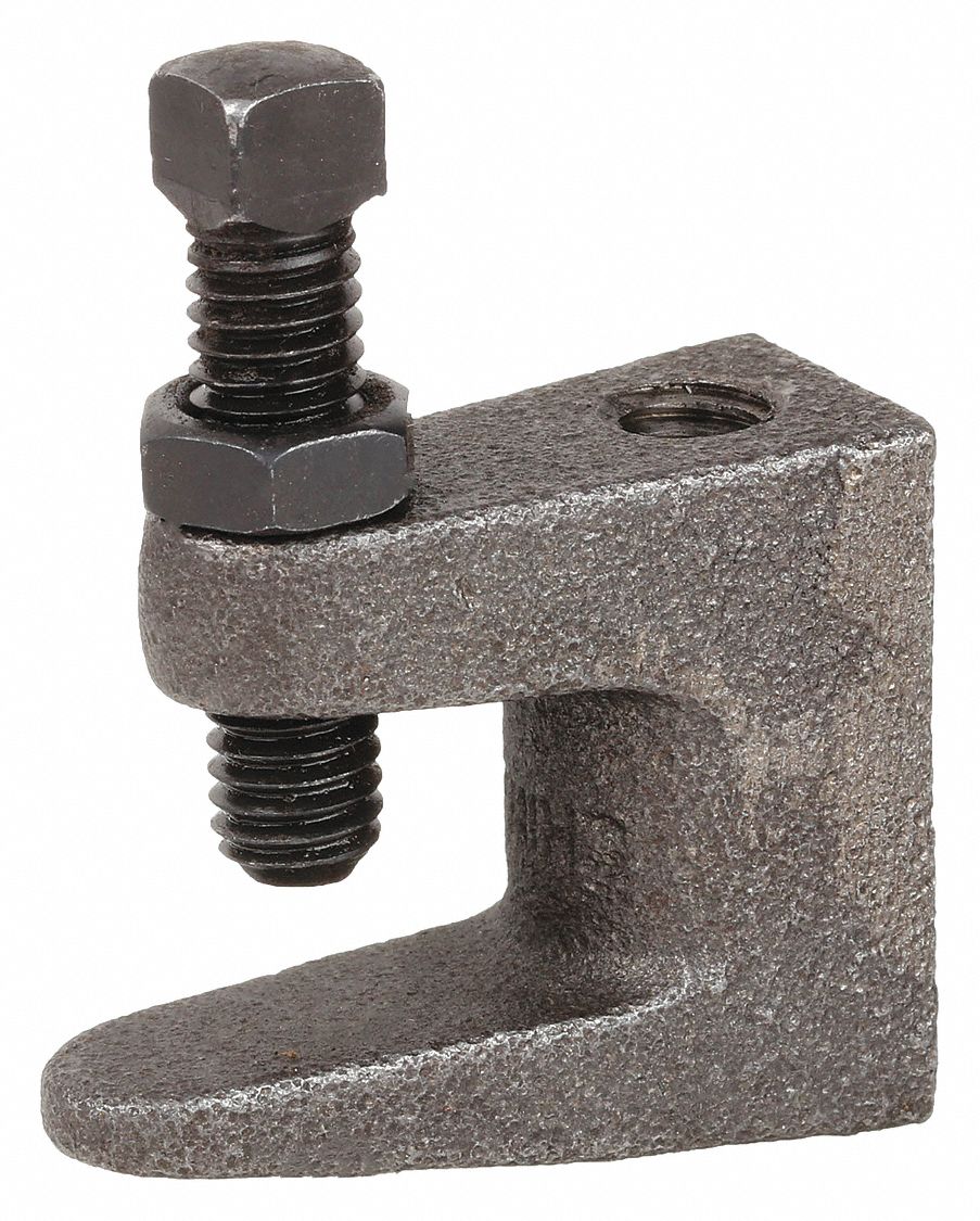 WIDE MOUTH BEAM CLAMP: MALLEABLE IRON, 500 LB LOAD CAPACITY, FOR ⅜ IN THREADED ROD