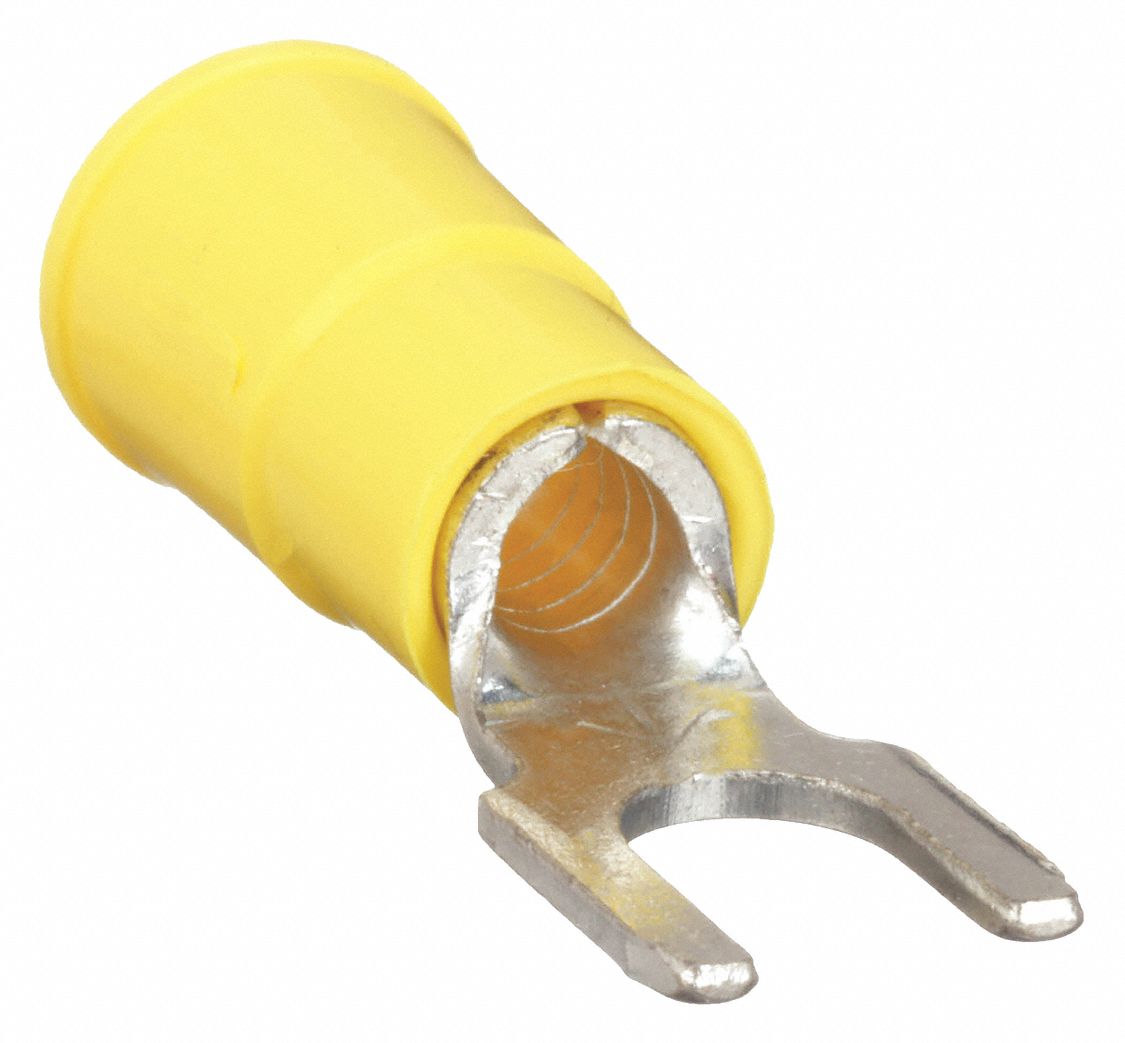 FORK TERMINAL, YELLOW, #8 STUD SIZE, 12 AWG TO 10 AWG WIRE SIZE RANGE, 0.26 TO ½ INCHES, 25 PK