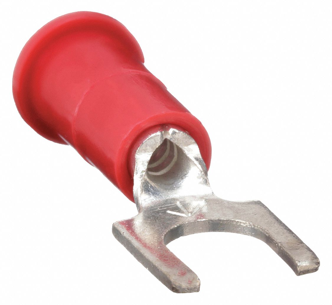 FORK TERMINAL, RED, #8 STUD SIZE, 22 AWG TO 18 AWG WIRE SIZE RANGE, 0.26 TO ½ INCHES, 3M, 25 PK