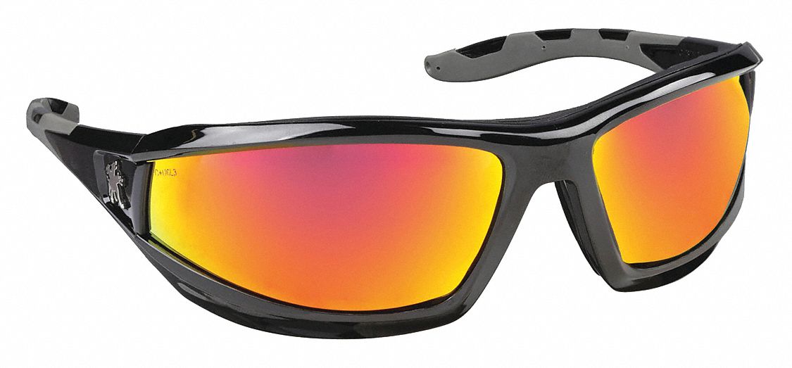 Safety Glasses: Red Lens Color, Full-Frame, Scratch-Resistant, Black Frame Color