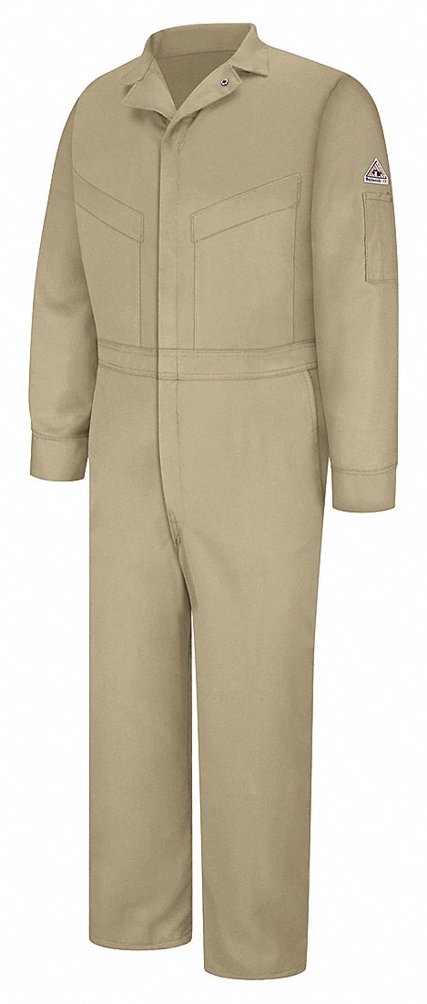 Coverall: 9.1 cal/sq cm ATPV, Men's, 3XL, Regular, 54 in Max. Chest Size, Khaki, Zipper
