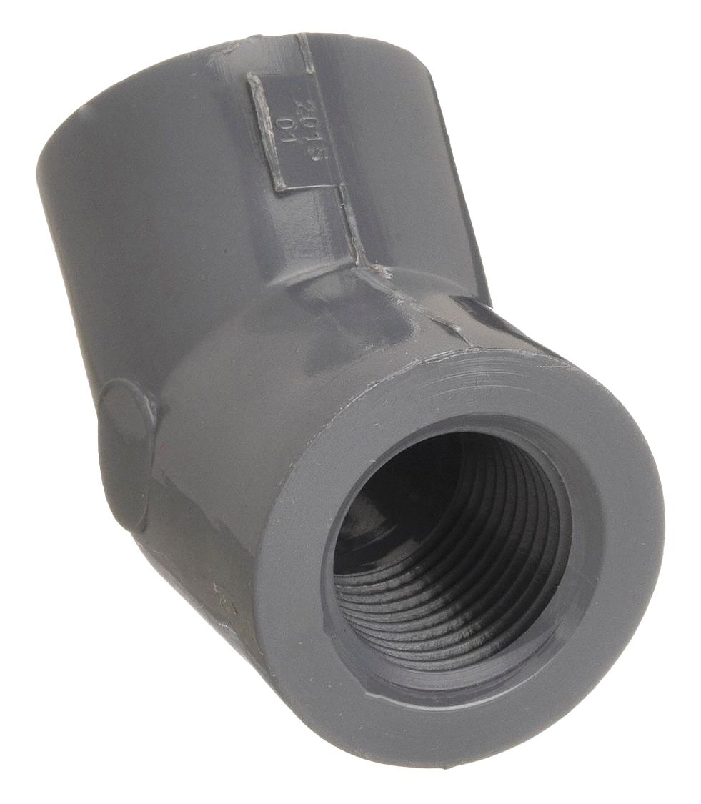 Pipe Elbow: 45° Elbow, Schedule 80, PVC, 3/8 in x 3/8 in Size, Threaded x Threaded, Gray, NPT