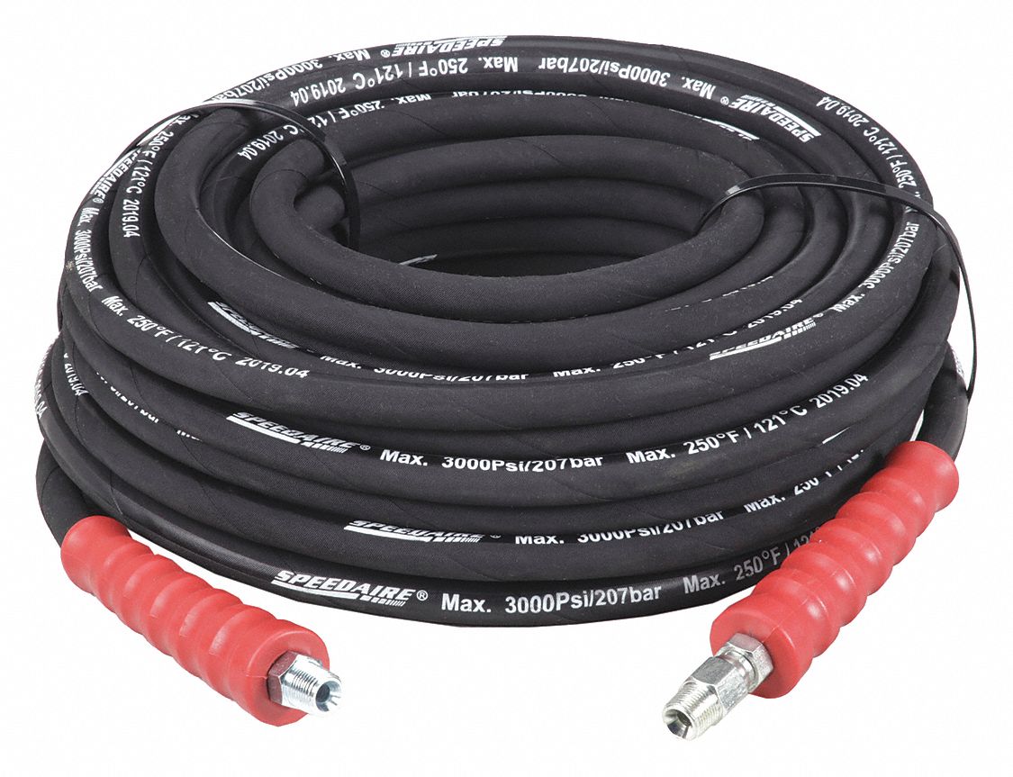 PRESSURE WASHER HOSE, ⅜ IN ID, 100 FT L, RUBBER, BLACK, ⅜ X ⅜ IN FITTING, MNPT X MNPT