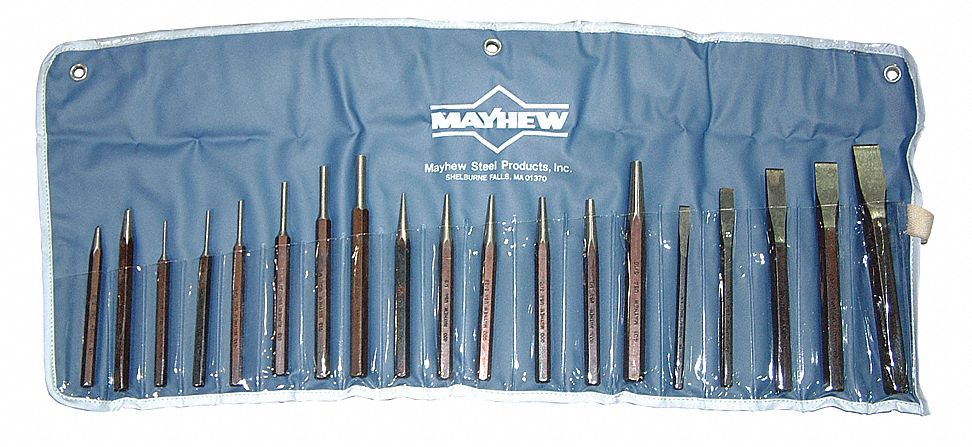 PUNCH AND CHISEL SET, 19 PIECES, COLD CHISEL, CENTRE PUNCH/PIN PUNCH/SOLID PUNCH, BAG