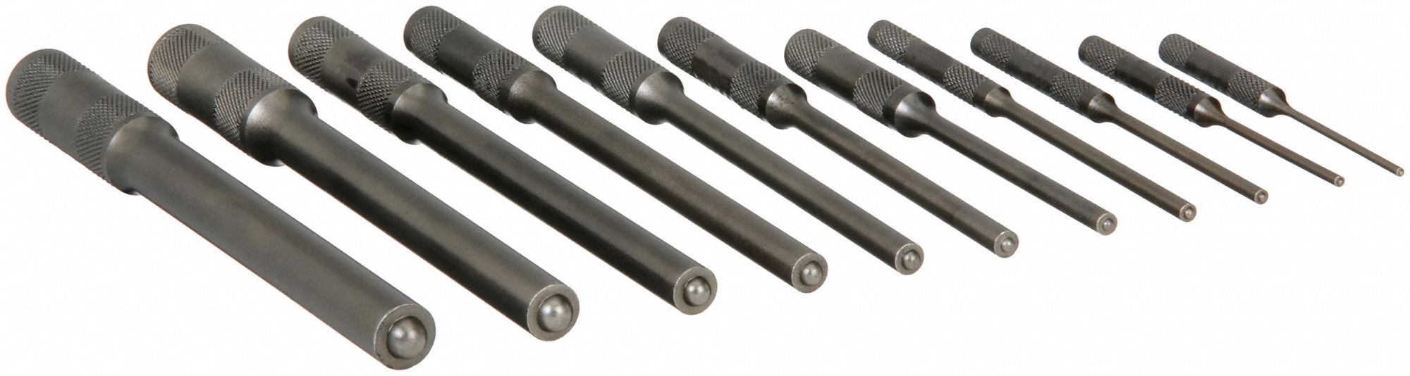 Roll Pin Punch Set: 1 in_2 in_3 in_1 1/2 in_4 in_2 1/2 in Punch Taper Lg, 12 Pieces, Steel, SAE
