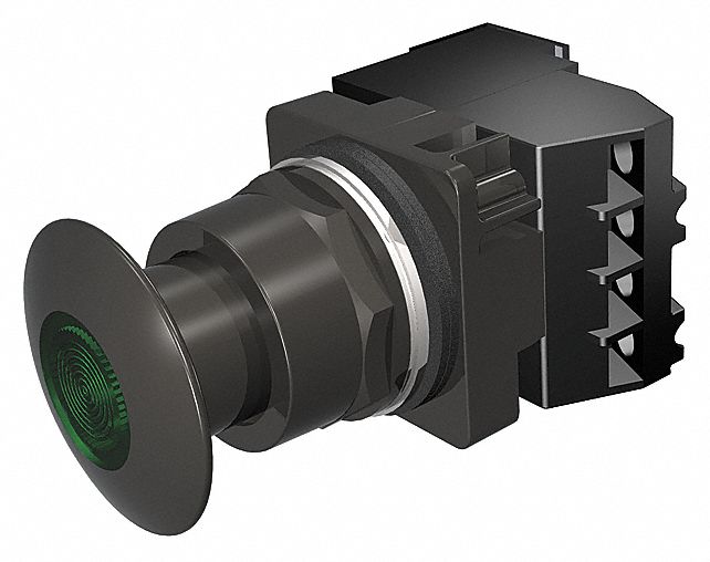 Mushroom Head Push Button: Illuminated, Mushroom Head Profile, Metallic, 30 mm, 1NO/1NC