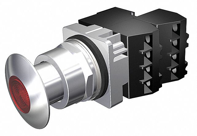 Mushroom Head Push Button: Illuminated, Mushroom Head Profile, Metallic, 30 mm, 2NC