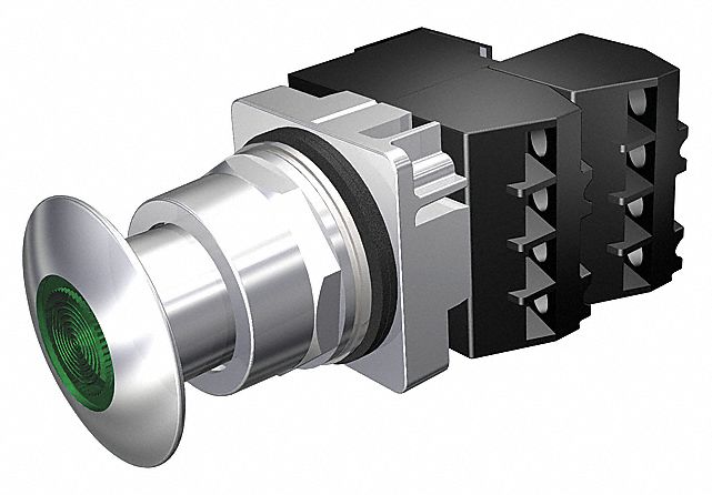 Mushroom Head Push Button: Illuminated, Mushroom Head Profile, Metallic, 30 mm, 2NC