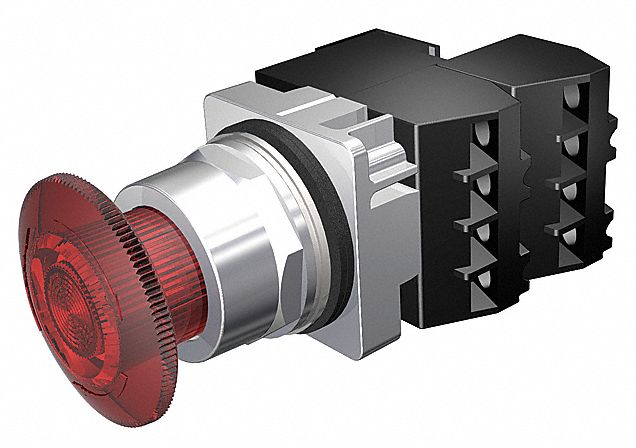 Mushroom Head Push Button: Illuminated, Mushroom Head Profile, Non-Metallic, 30 mm, 2NC