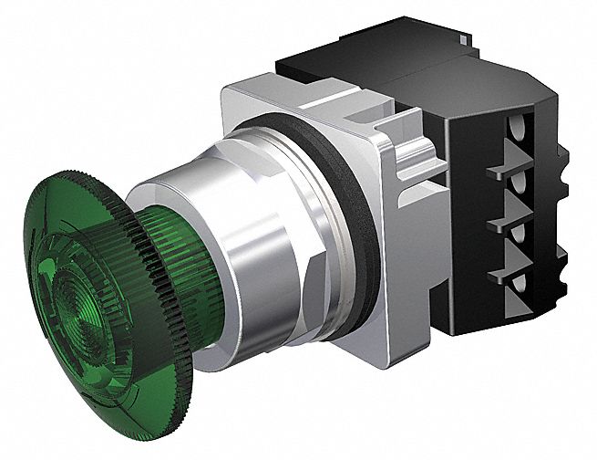 Mushroom Head Push Button: Illuminated, Mushroom Head Profile, Non-Metallic, 30 mm, 1NO/1NC