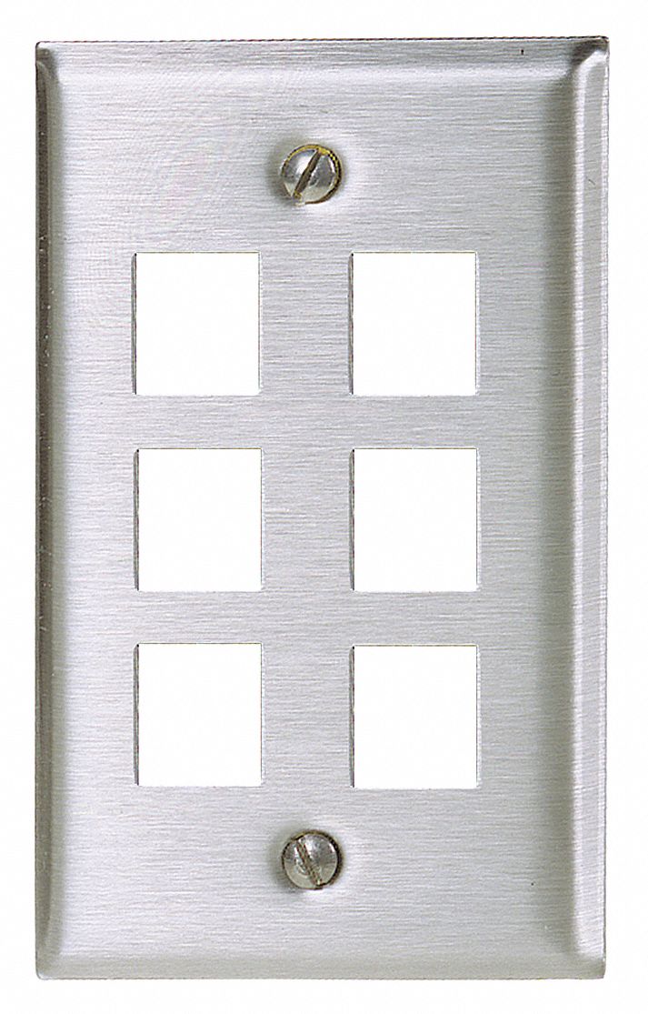 Wall Plate: Gray, 1 Gang, 6 Port, Flat Module, Stainless Steel, Vertical