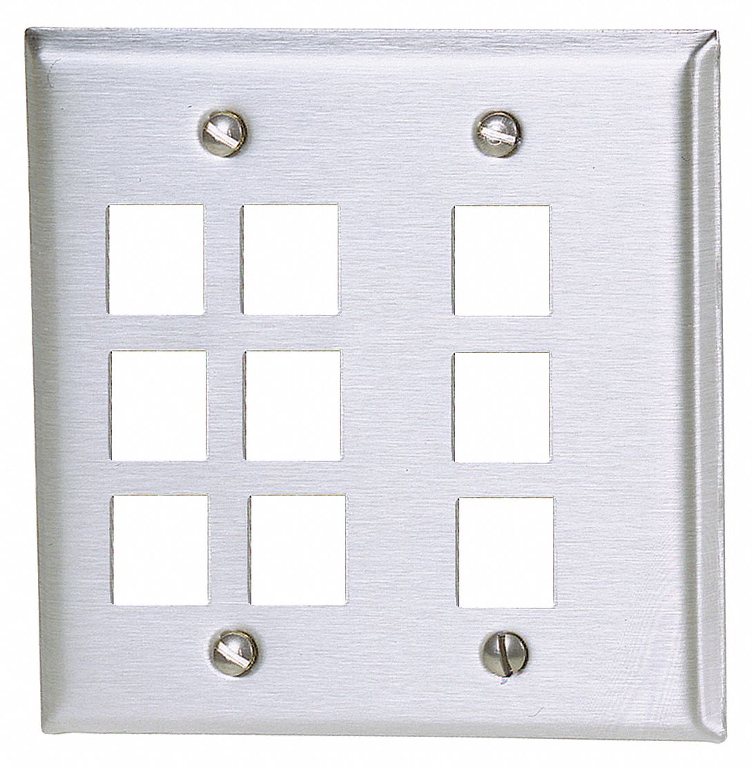 Wall Plate: Gray, 2 Gang, 9 Port, Flat Module, Stainless Steel, Vertical