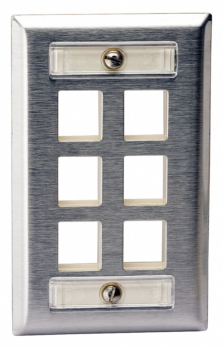 Wall Plate: Gray, 1 Gang, 6 Port, Flat Module, Stainless Steel, Vertical