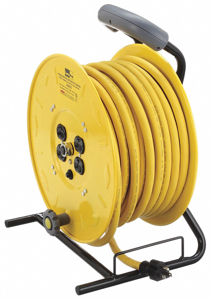 LUMAPRO Extension Cord Reel: 100 ft Retractable Cord Lg, 12 AWG Wire Size,  Grounding Plug