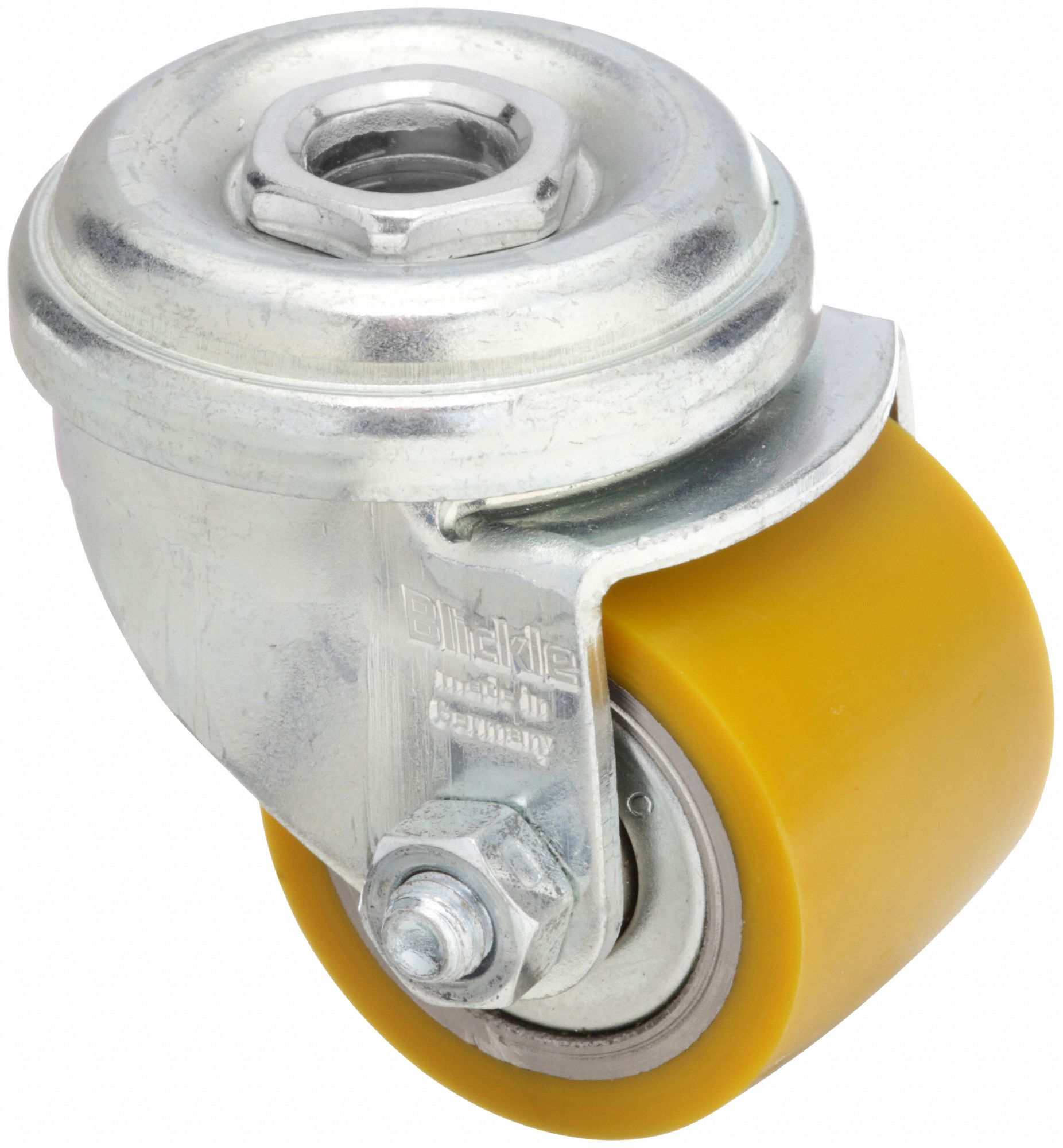 Bolt-Hole Caster: Swivel, No Brake, Polyurethane, 1 3/8 in Wheel Dia., Steel, Yellow