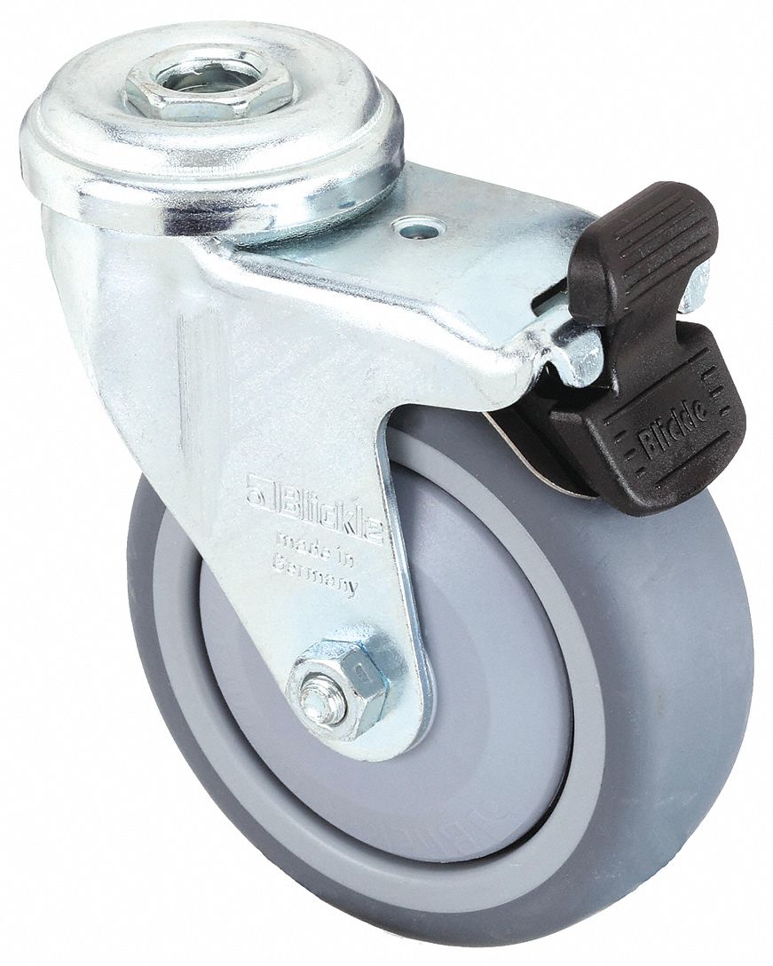Bolt-Hole Caster: Swivel, Total Lock, Rubber, 2 in Wheel Dia., 3/4 in Wheel Wd, Gray