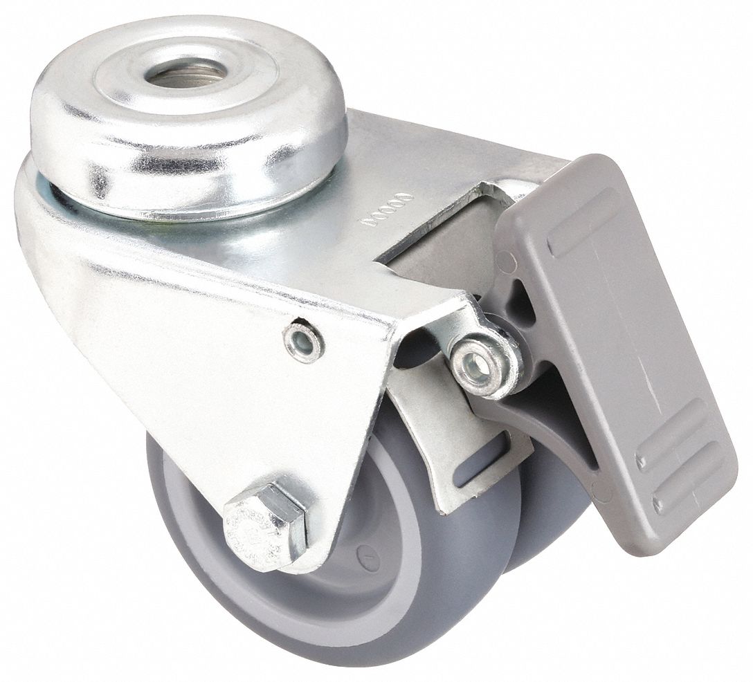 Bolt-Hole Caster: Swivel, Total Lock, Rubber, 2 in Wheel Dia., 3/4 in Wheel Wd, Gray