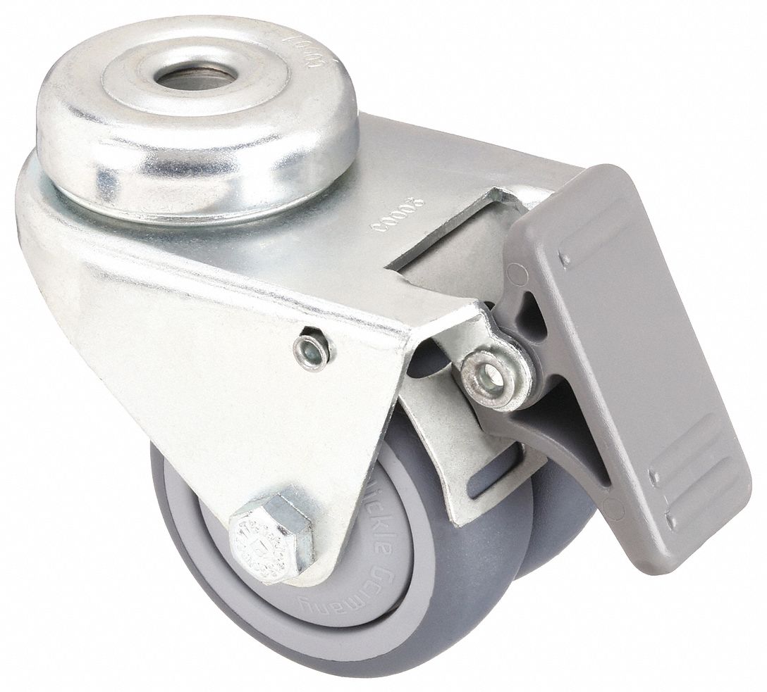 Bolt-Hole Caster: Swivel, Total Lock, Rubber, 2 in Wheel Dia., 3/4 in Wheel Wd, Gray