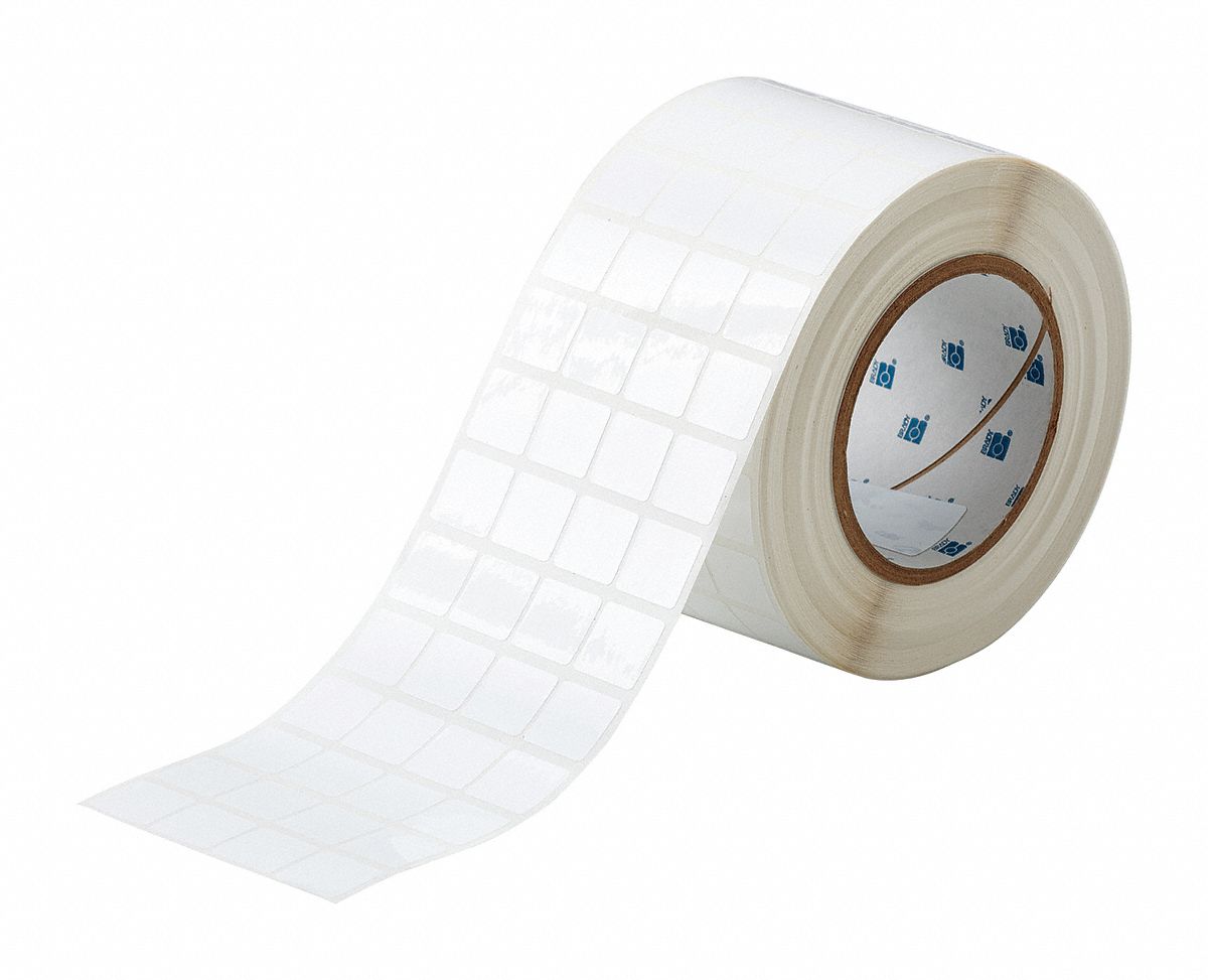 Pre-Cut Label Stock Roll: 3/4 in x 3/4 in, Acrylic, Aggressive Adhesive/Permanent Adhesive
