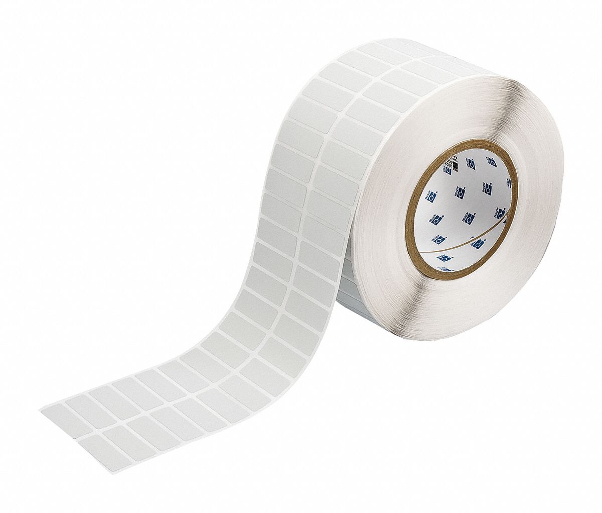 Pre-Cut Label Stock Roll: 1/2 in x 1 1/2 in, 3 11/32 in x 1/2 in, Metalized Polyester, Gray