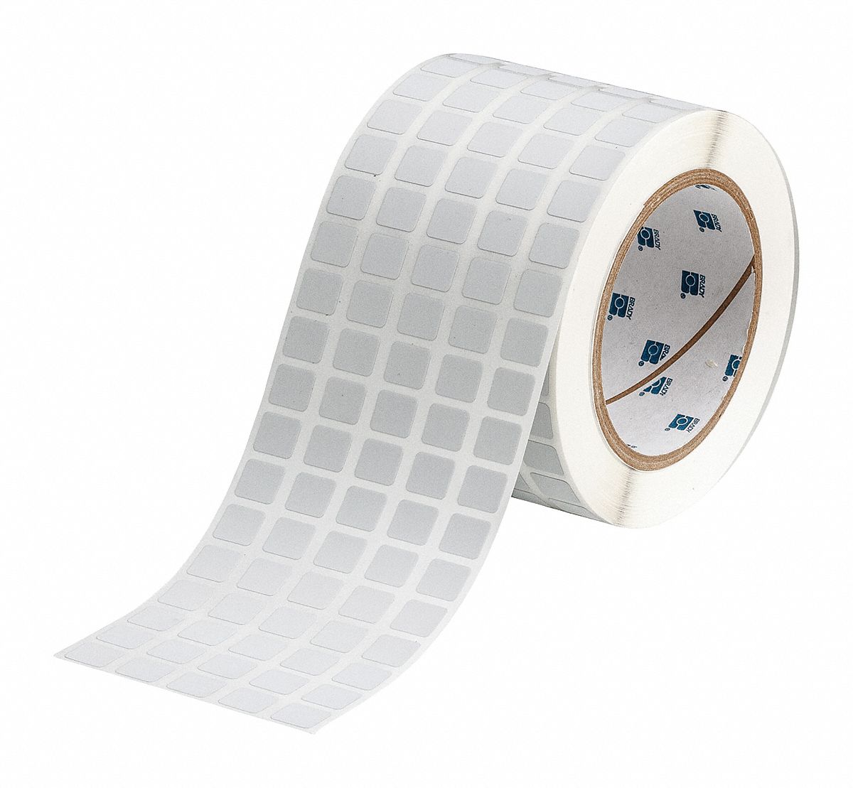 Pre-Cut Label Stock Roll: 7/16 in x 1/2 in, 3 11/32 in x 7/16 in, Metalized Polyester, Gray