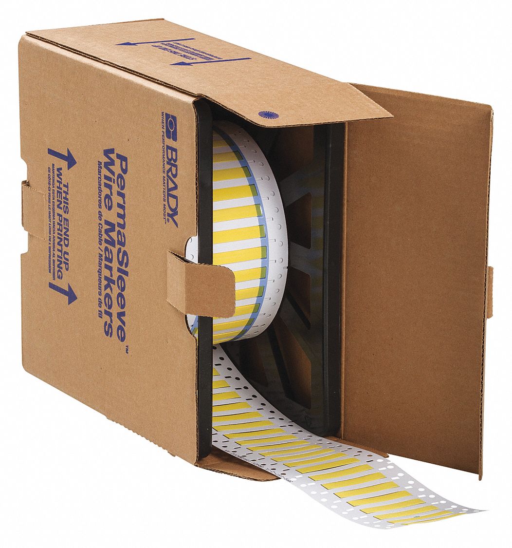 Sleeve Label: 3/16 in x 2 in, Polyolefin, Yellow (Matte), For 10 AWG to 20 AWG Wire Gauge