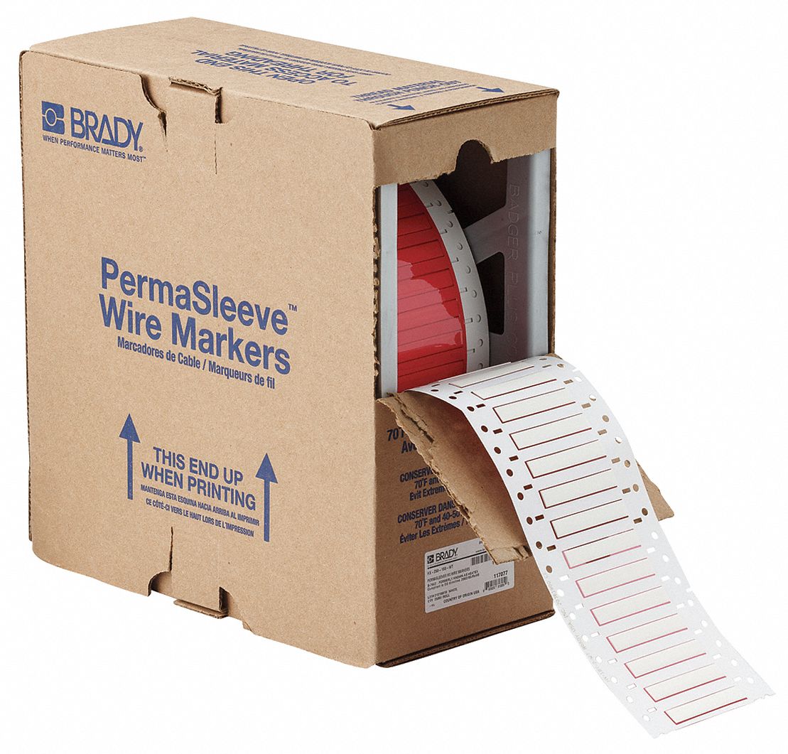 Sleeve Label: 3/16 in x 2 in, Polyolefin, White (Matte), For 10 AWG to 16 AWG Wire Gauge