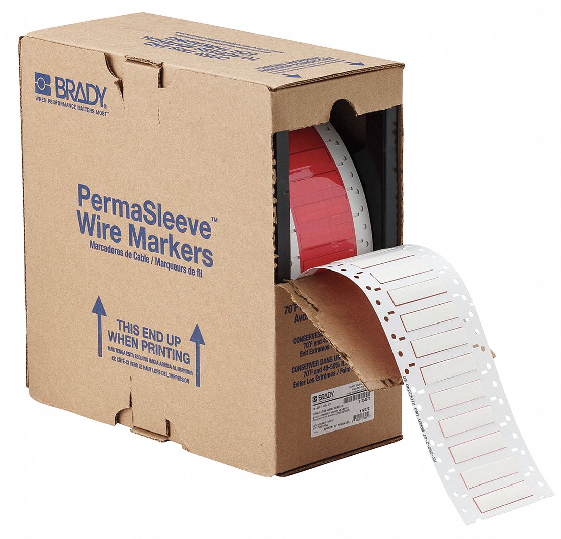 Sleeve Label: 1/4 in x 2 in, Polyolefin, White (Matte), For 8 AWG to 12 AWG Wire Gauge