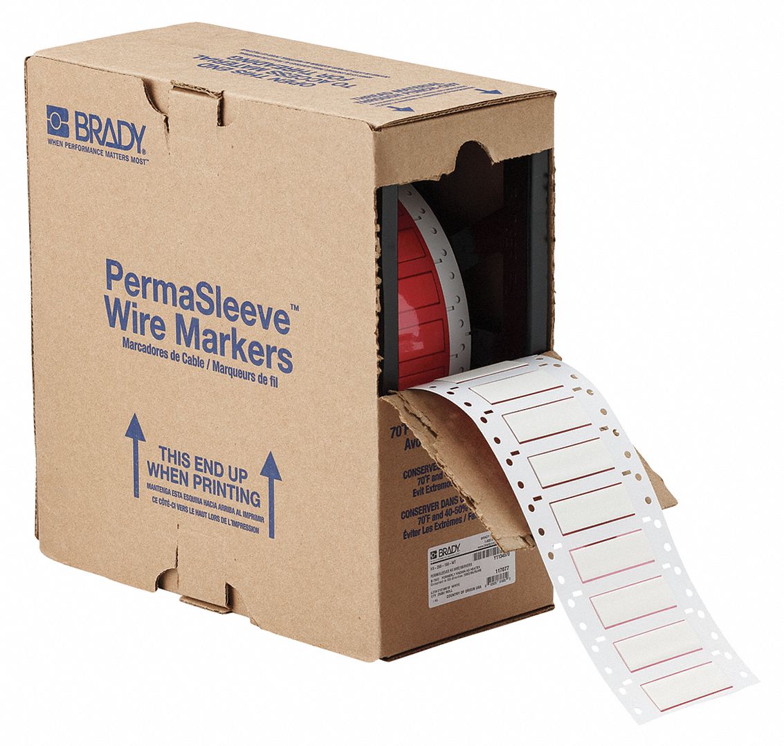 Sleeve Label: 3/8 in x 2 in, Polyolefin, White (Matte), For 4 AWG to 8 AWG Wire Gauge