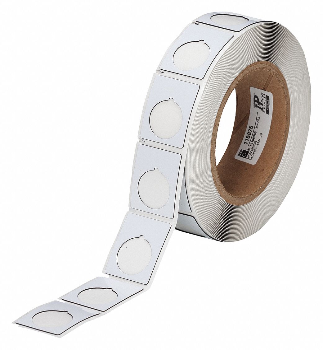 Pre-Cut Label Stock Roll: 1 1/2 in x 1 13/64 in, Polyester, White (Gloss), 250 Labels per Roll